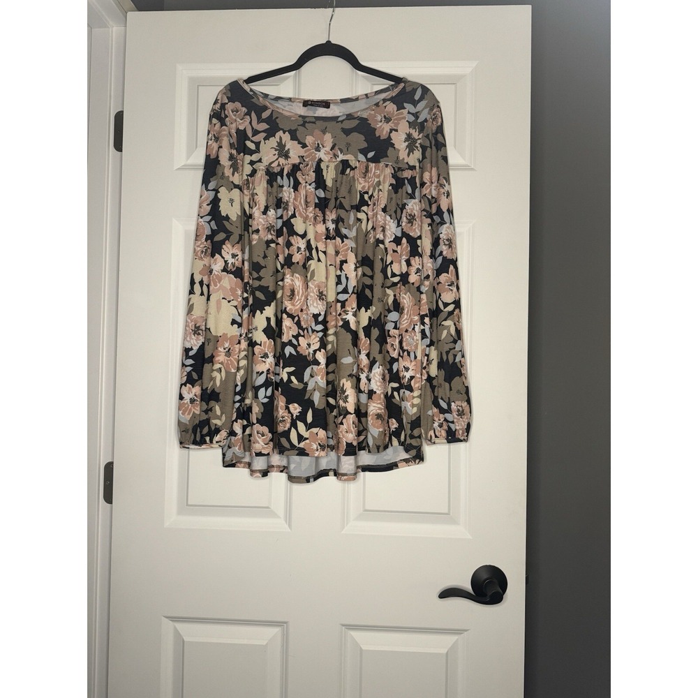 Bombom Long Sleeve Floral Tunic Top Large Blue Taupe Mauve Beige